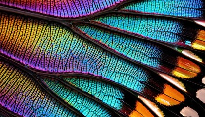 Poster - Close-Up of a Vibrant Butterfly Wing Showcasing Iridescent Scales. Exploring the Science of Structural Color and Its Application in Biomimicry, Art, and Design for Futuristic Innovations