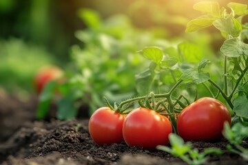 Poster - Ripe, vibrant tomatoes rest on rich soil alongside lush greens, basking in the soft glow of golden sunlight in a home garden. Generative AI