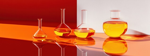 Fototapete - A collection of laboratory glassware filled with orange liquid, set against a vibrant background.