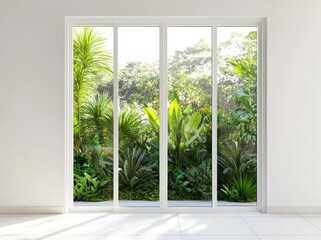 Poster - a bright room with large windows showcasing a lush green garden outside.