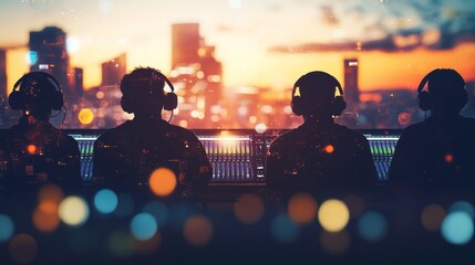 Aufkleber - Silhouettes of individuals with headsets in front of a sunset cityscape, focused on audio work.