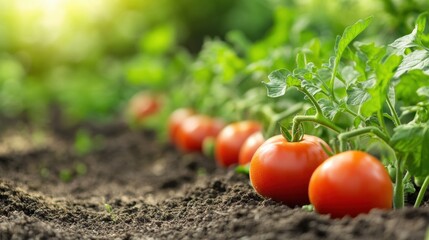 Poster - Lush garden bed features ripe tomatoes among fresh greens, showcasing a bountiful harvest under bright sunlight. Generative AI