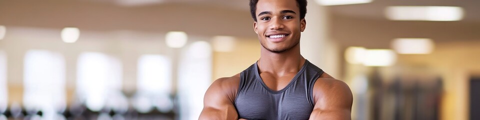 Poster - A smiling young man in a fitness center showcasing confidence and strength.