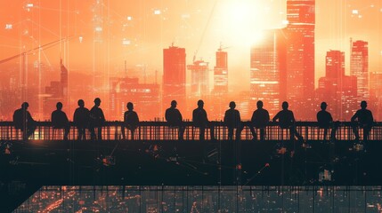 Poster - Silhouetted figures against a vibrant city skyline at sunset, symbolizing connection and ambition.