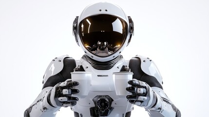 Leinwandbilder - A humanoid robot in a spacesuit holds two cups, showcasing technology and innovation.
