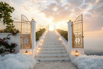 Poster - Elegant Staircase Leading to a Sunlit Garden Gate at Sunset. Generative AI