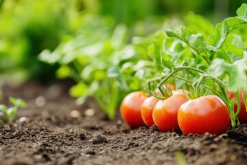 Aufkleber - Bright red tomatoes grow alongside vibrant greens in a well-tended garden bed under the warm afternoon sun. Generative AI