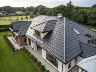 Sticker - Modern House With Unique Roof Design Nestled in Green Landscape. Generative AI