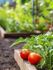 Aufkleber - Ripe tomatoes sit nestled among fresh greens in a well-maintained garden bed, basking in the warm sunlight of a clear day. Generative AI