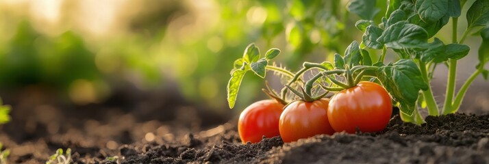 Poster - Ripe tomatoes rest among fresh greens in a garden bed, capturing the warm glow of golden hour sunlight highlighting their colors. Generative AI