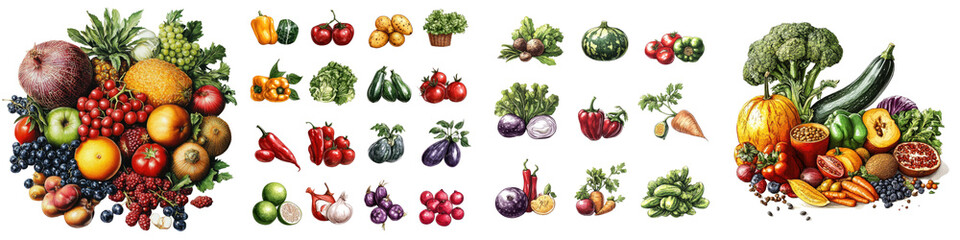 Wall Mural - local produce – fresh fruits and vegetables grown in the local area isolated on clear white backgrou