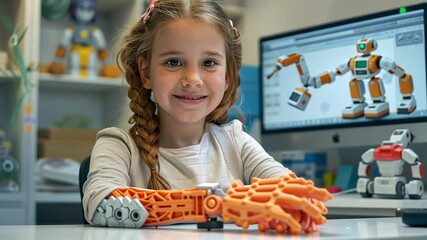 Poster - A young girl smiles while engaging with her 3D printed robotic arms, surrounded by educational robot models in a bright workspace filled with creativity and technology.