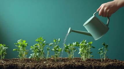 Poster - A hand holds a watering can, gently watering a garden bed filled with vibrant young seedlings growing in rich soil. Generative AI