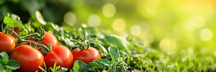 Poster - A garden bed showcases abundant ripe tomatoes and fresh greens basking in the warm sun during the afternoon. Generative AI