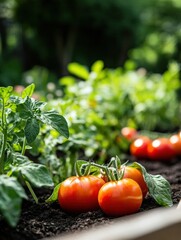 Poster - Ripe tomatoes and vibrant greens flourish in a garden bed, basking in the sunlight on a warm summer day, ready for harvest. Generative AI