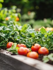 Aufkleber - Bright red tomatoes and lush greens thrive in a garden bed, showcasing a bountiful harvest under the warm afternoon light. Generative AI