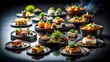 © Adisorn - Stunning Molecular Cuisine Dishes Displayed with Tilt-Shift Photography Against a Black Background for a Dynamic Culinary Experience