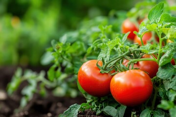 Poster - Lush garden bed displays ripe tomatoes and healthy greens, showcasing the beauty of home gardening in summer sunlight. Generative AI