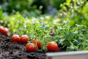 Poster - Colorful tomatoes and lush greens flourish in a well-tended garden bed under the warm summer sun, signaling a fruitful harvest. Generative AI