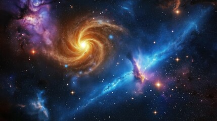 Wall Mural - deep space scene shows spiral galaxy with bright center. colorful nebulae, stars fill cosmic backgro