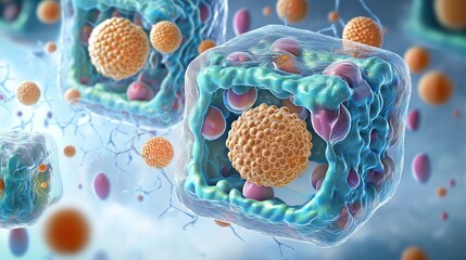 Poster - Detailed illustration of cell membrane model. AI-generated image shows complex cellular structure with magnified view. Biochemistry research model. Lipid molecules, structures visible. Micro-scale