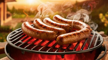 Sizzling Summer: A close-up view of sausages grilling over hot charcoal, creating smoke and a mouthwatering display of a summer barbeque.