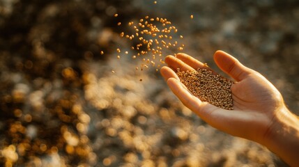 Aufkleber - Seeds are being scattered from a hand over prepared soil, capturing the essence of planting in a vibrant spring environment. Generative AI