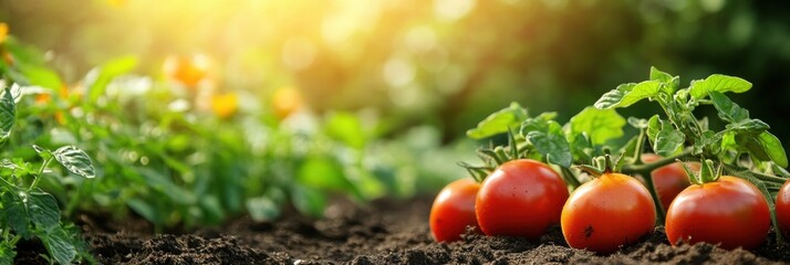 Poster - A flourishing garden bed showcases ripe tomatoes surrounded by fresh greens, basking in the warm sunlight of an afternoon. Generative AI