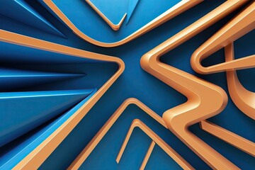 Poster - Vibrant 3D Blue Abstract Background with Wavy Lines and Geometric Designs