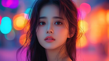 Poster - A woman with long dark hair poses with colorful bokeh lights behind her.