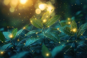 Leinwandbilder - Interconnected Green Leaves with Glowing Lines and Dots