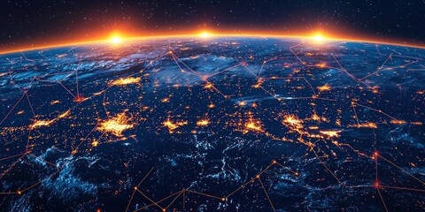 Aufkleber - Earth at Sunset with Interconnected Cities and a Starry Sky