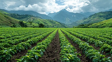 Poster - Lush Green Coffee Plantation Against a Backdrop of Misty Mountains