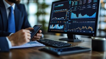 Leinwandbilder - Businessman analyzing financial data on a smartphone and computer screen.