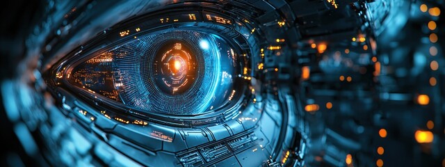 Aufkleber - Futuristic Robotic Eye with Digital Interface and Glowing Lights