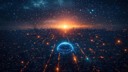 Aufkleber - A Futuristic Cityscape with a Glowing Globe and Starry Network