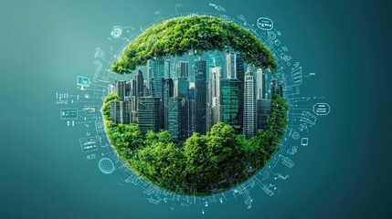 Aufkleber - Green Cityscape Globe with Technological Network Connections