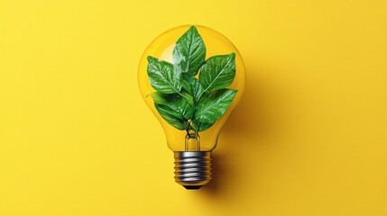 Poster - Green Leaves Inside a Light Bulb on a Yellow Background