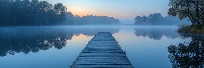 Poster - Wooden Dock Extending into a Foggy Lake at Sunrise