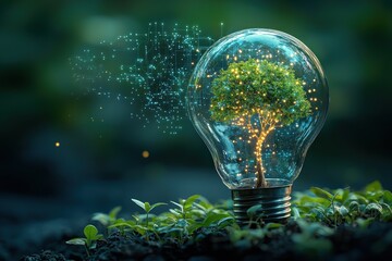 Leinwandbilder - A tree growing inside a light bulb with glowing circuit board and green foliage