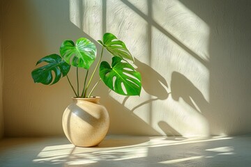 Aufkleber - Monstera Plant in a Pot with Sunlight and Shadow Patterns on a Wall