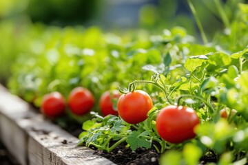 Poster - Lush garden bed features ripe tomatoes and vibrant greens flourishing under the warm summer sun, showcasing bountiful harvest potential. Generative AI