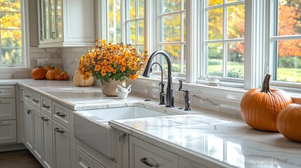 Poster - Kitchen Sink with Fall Decor and Window View