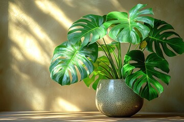 Poster - Monstera Deliciosa Plant in a Speckled Pot with Sunlight Streaming Through a Window