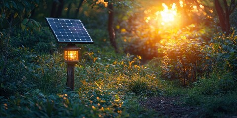 Poster - Solar-Powered Lamp Illuminating a Forest Path at Sunset