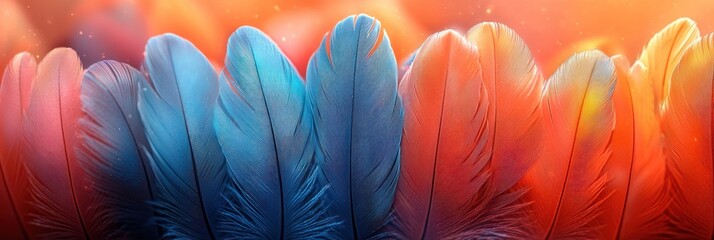 Poster - Close-Up of Blue and Orange Bird Feathers with Warm Lighting and Glitter