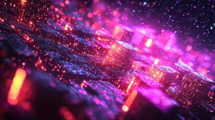 Fototapete - Abstract neon cubes with glowing lights and bokeh effects