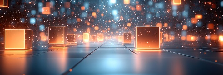 Poster - Glowing Orange Cubes on a Metal Grid with Floating Lights