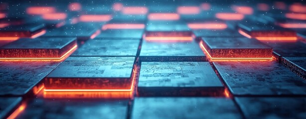Poster - Abstract Glowing Grid of Metal Squares with a Blurred Background