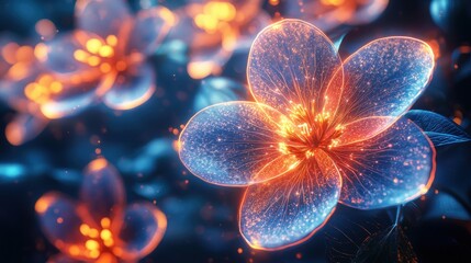 Aufkleber - A Single Flower Blossom Illuminated with Glowing Lines and Sparkles